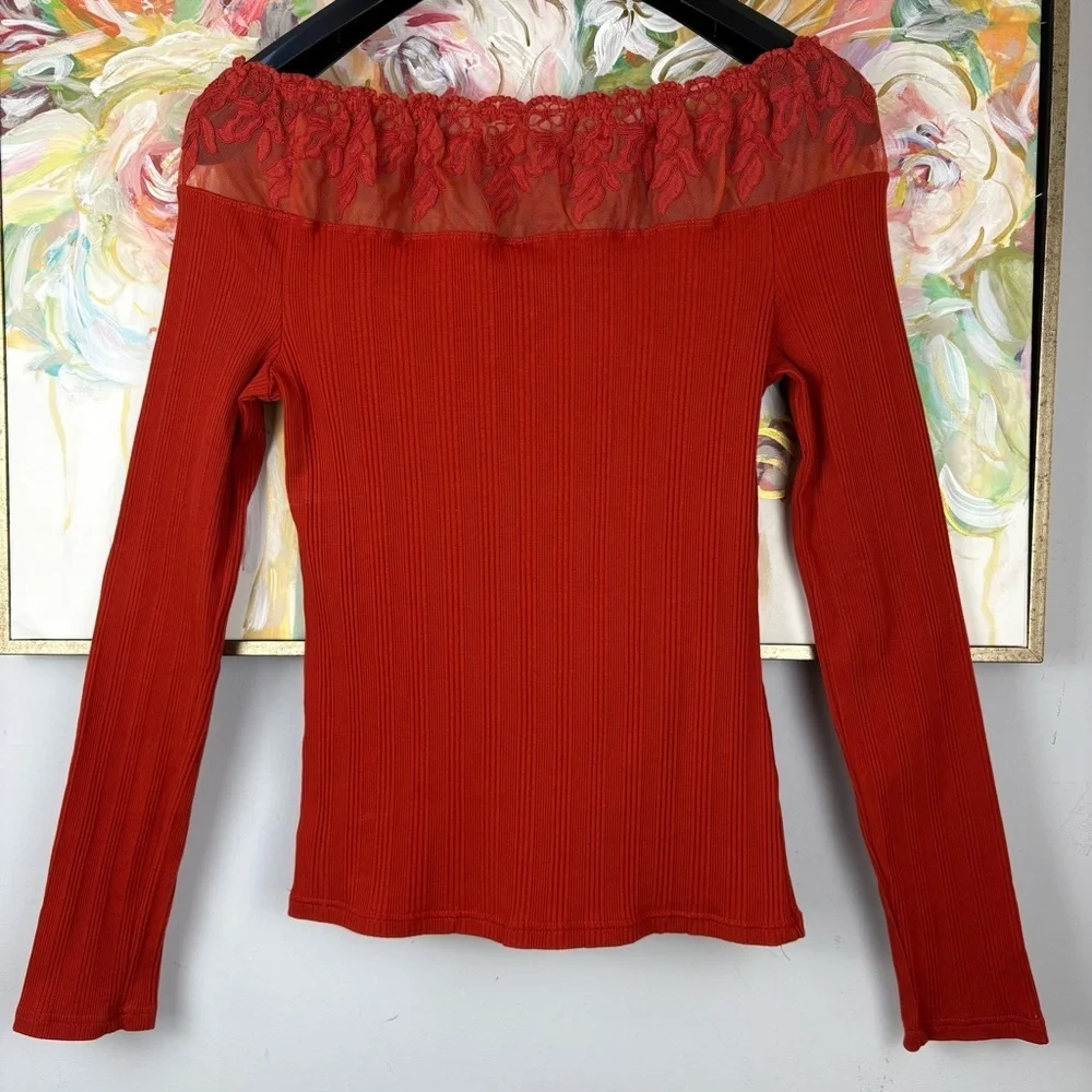 Free People Red Ribbed Lace Off Shoulder Long Sleeve Top Size L